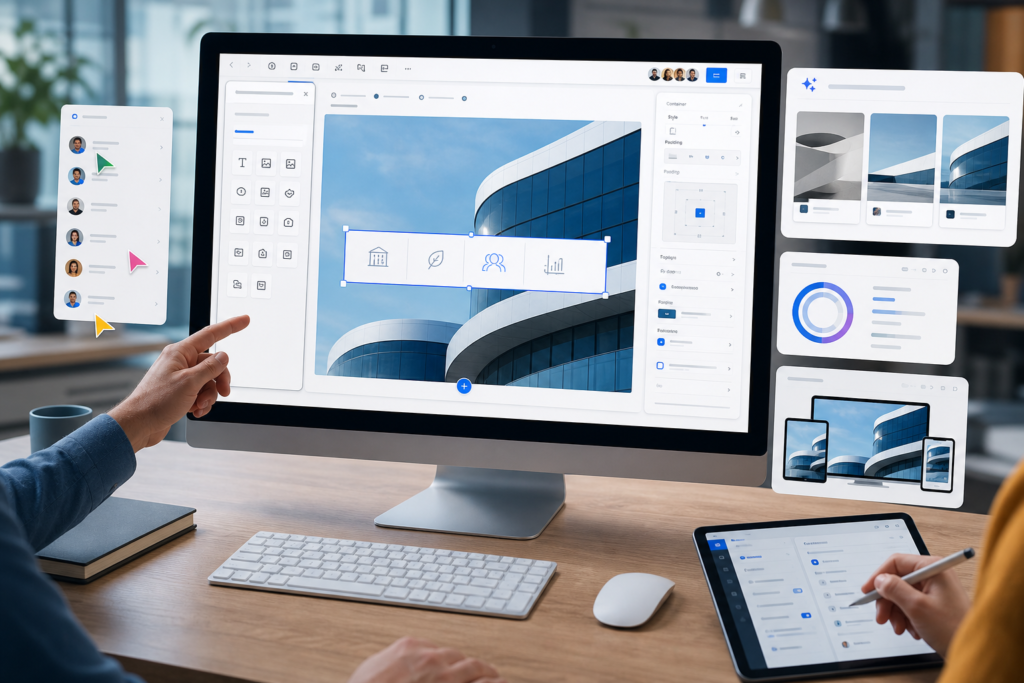 Design interface on a desktop monitor with image editing and layout panels